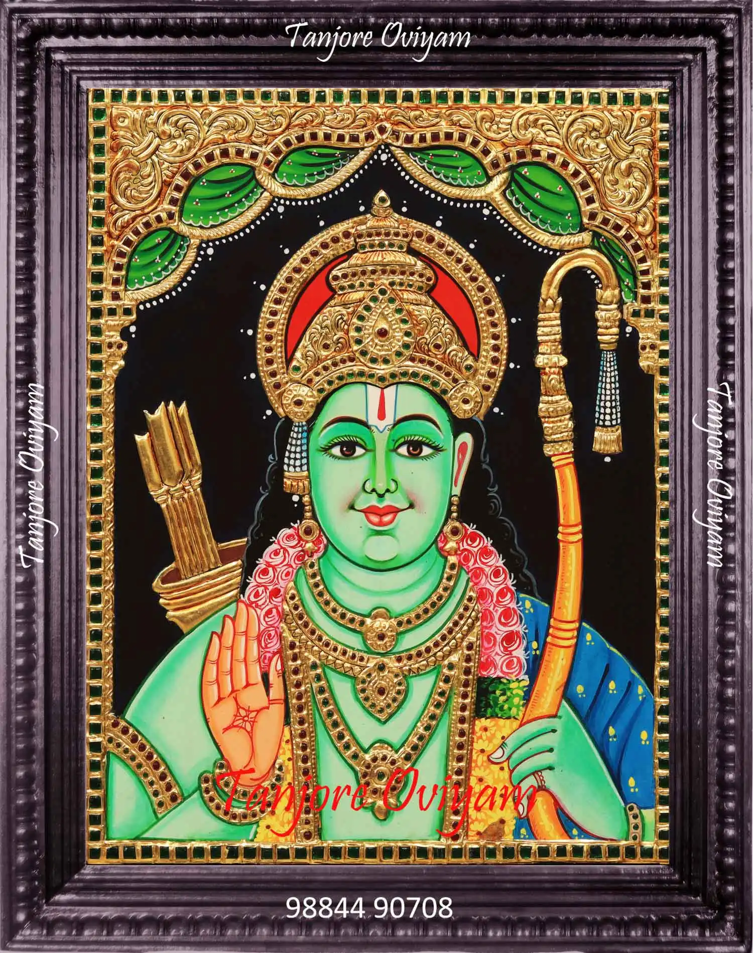 Handcrafted Ramar Tanjore Painting featuring Lord Rama in traditional South Indian art style with gold foil details